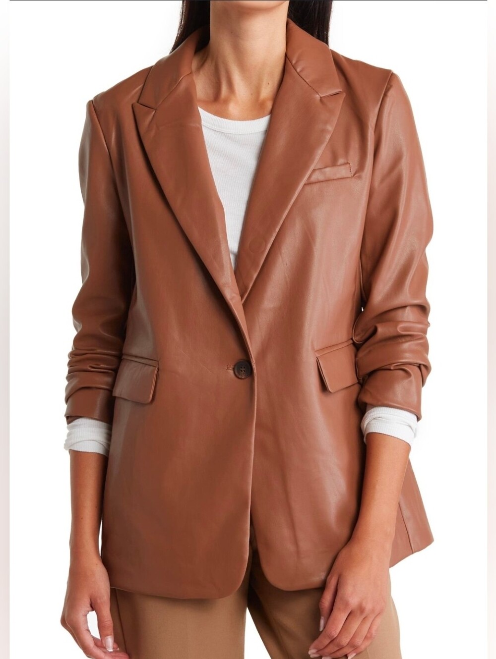 Sebby Faux Leather One-Button Peak Lapel Blazer Size Large
